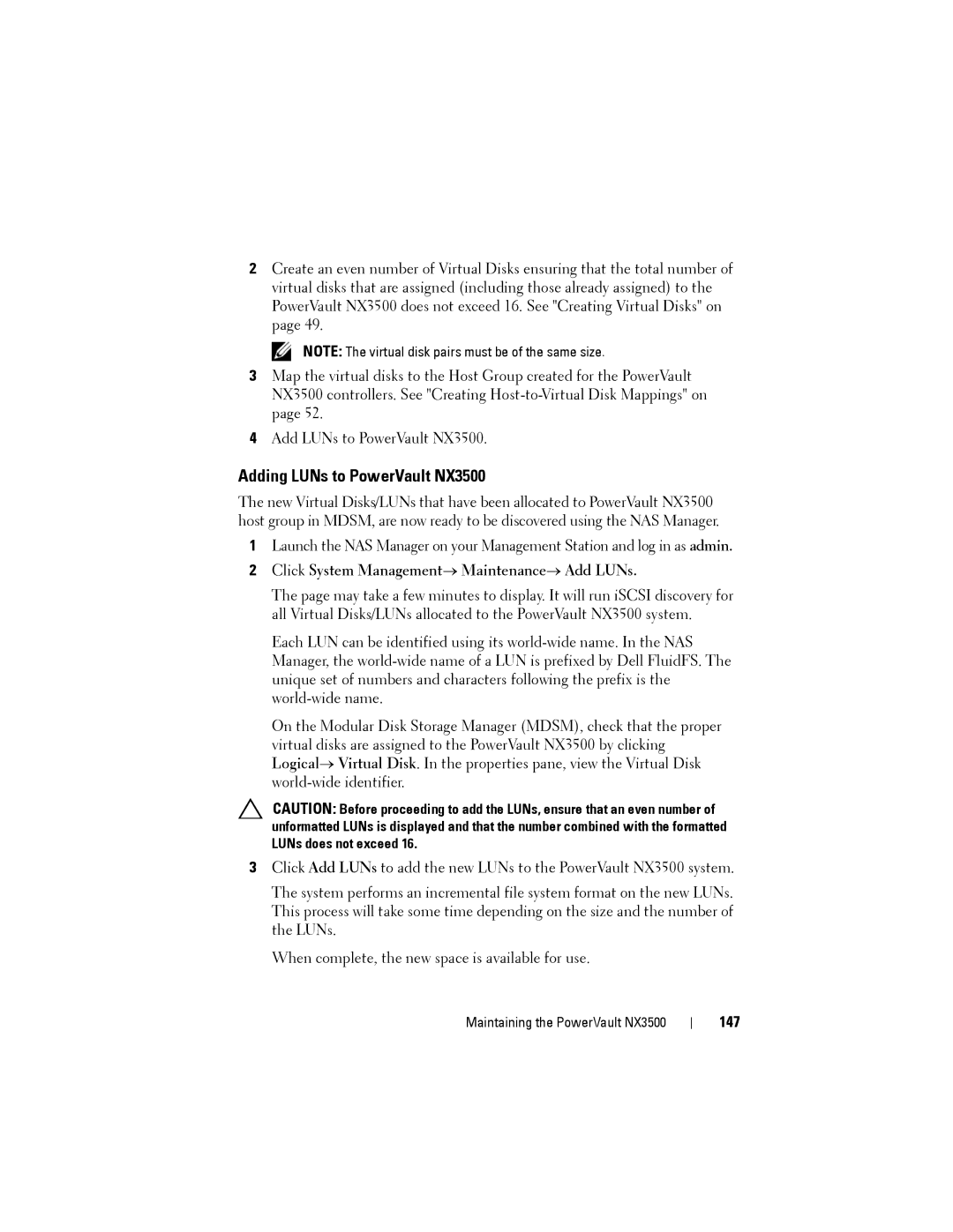 Dell manual Adding LUNs to PowerVault NX3500, Click System Management→ Maintenance→ Add LUNs, 147 