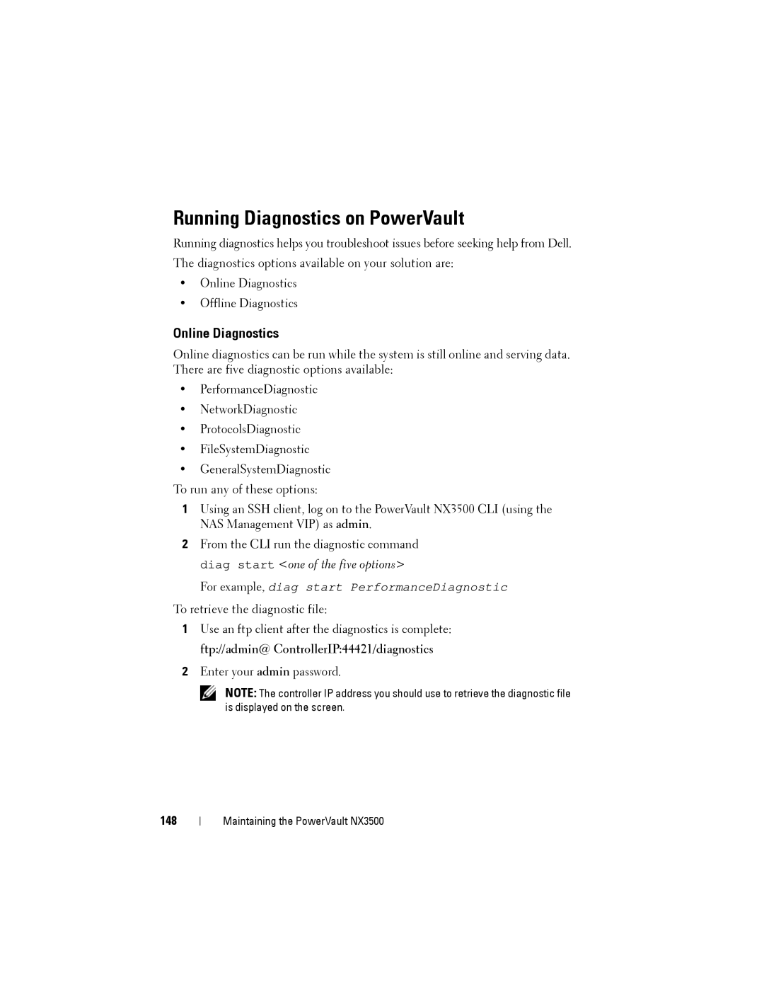 Dell NX3500 manual Running Diagnostics on PowerVault, Online Diagnostics, 148 