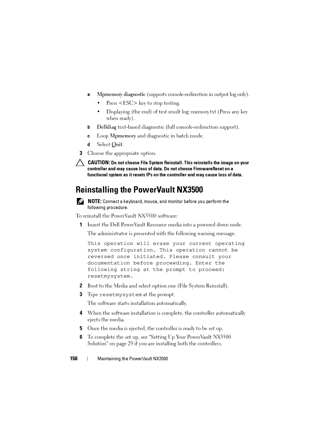 Dell manual Reinstalling the PowerVault NX3500, 150 