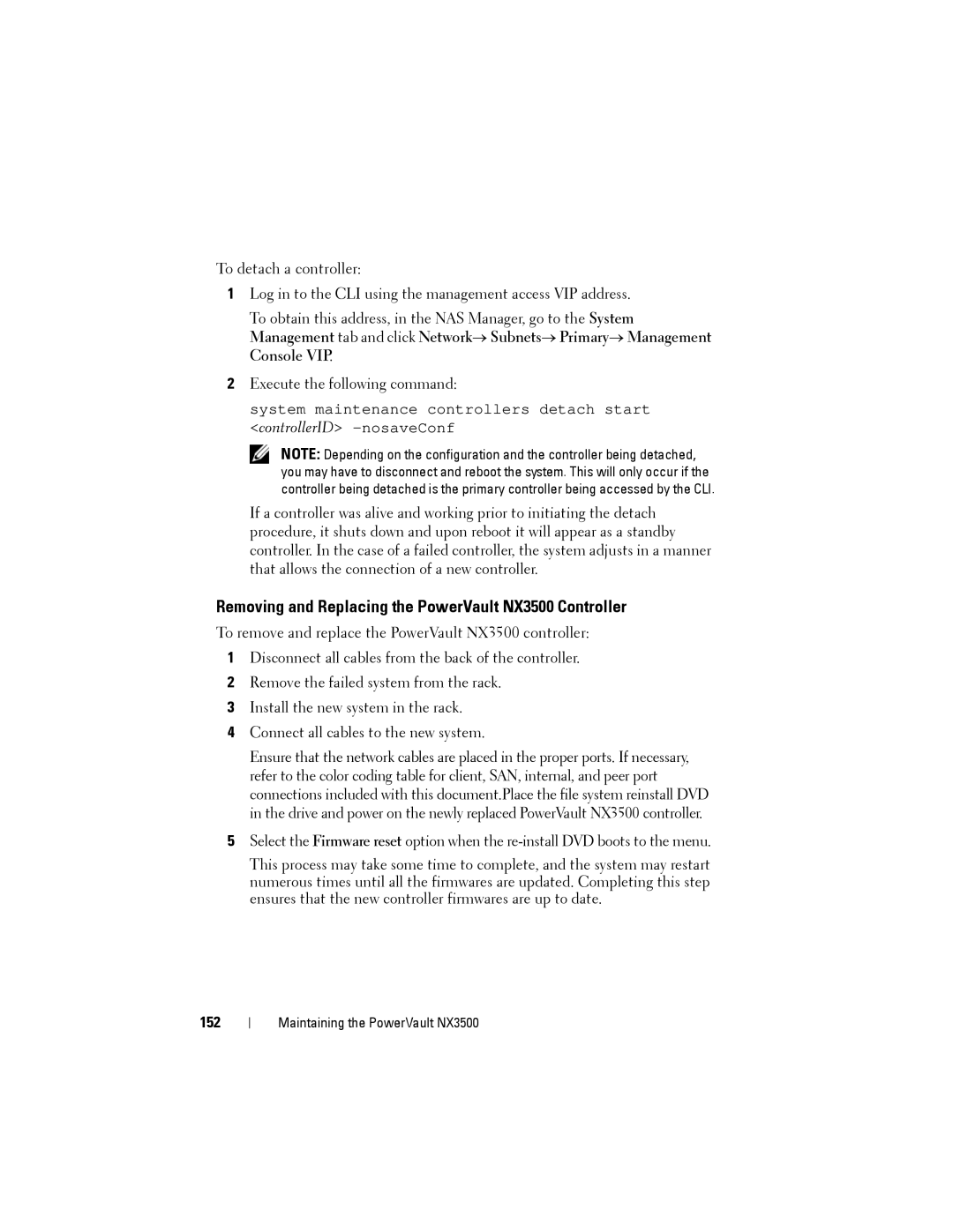 Dell manual Removing and Replacing the PowerVault NX3500 Controller, 152 