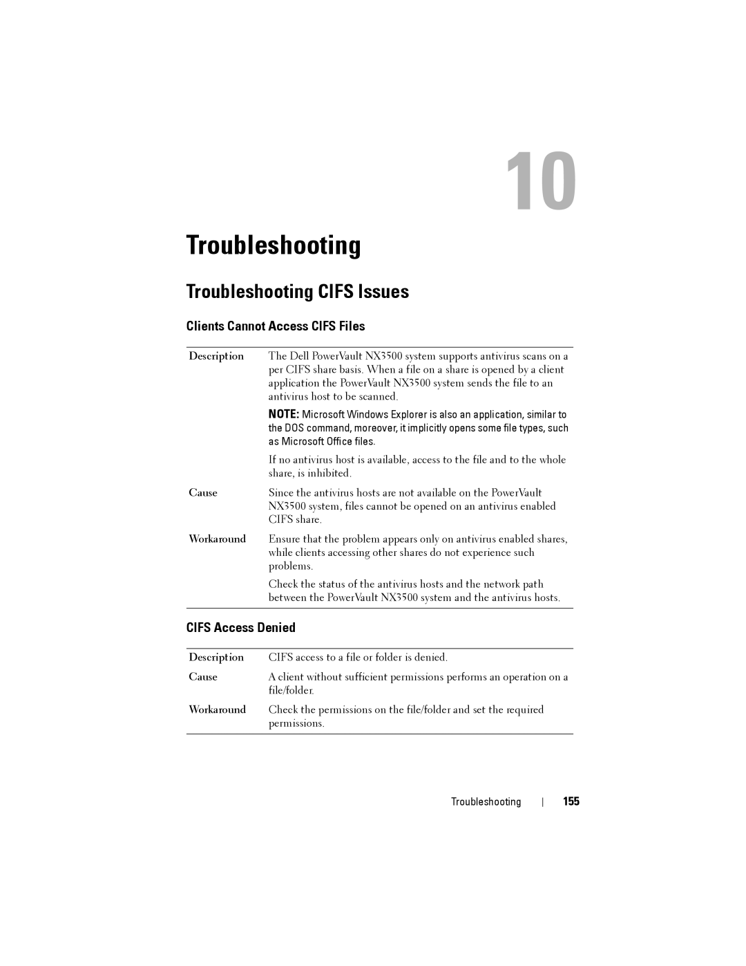 Dell NX3500 manual Troubleshooting Cifs Issues, Clients Cannot Access Cifs Files, Cifs Access Denied, 155 