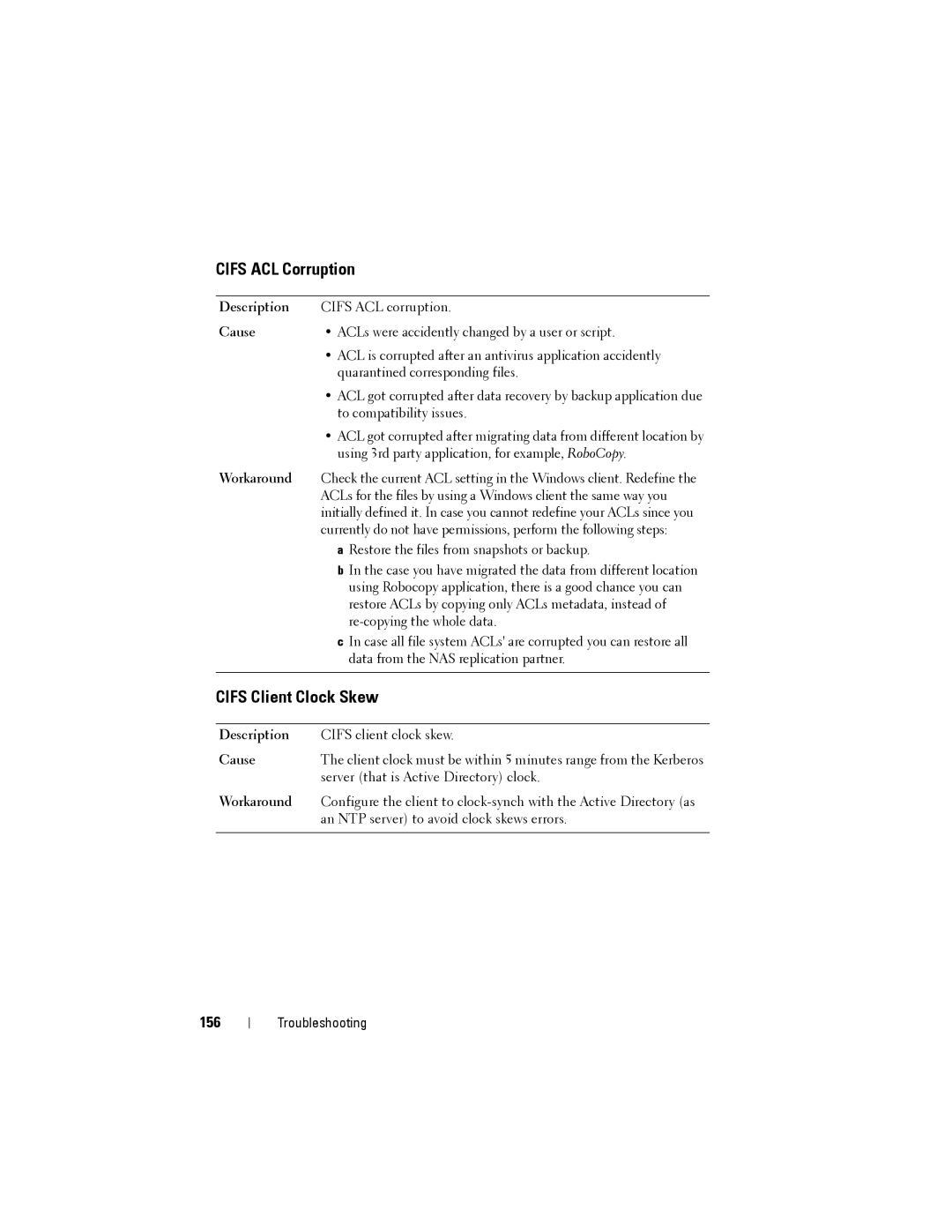 Dell NX3500 manual Cifs ACL Corruption, Cifs Client Clock Skew, 156 