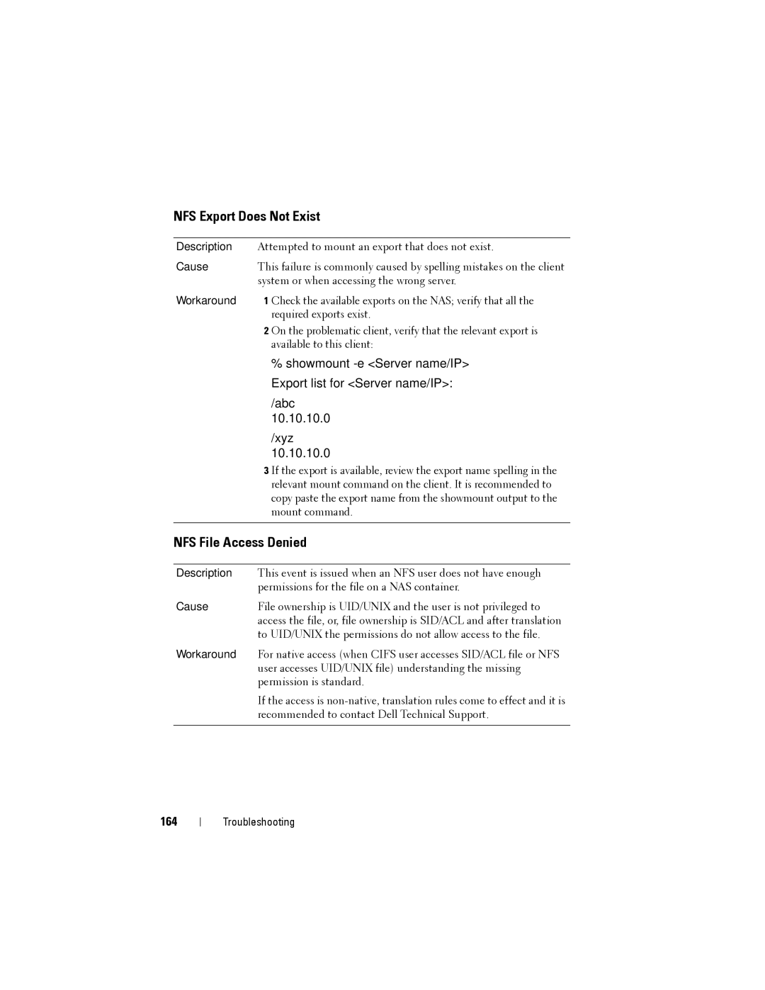 Dell NX3500 manual NFS Export Does Not Exist, NFS File Access Denied, 164 