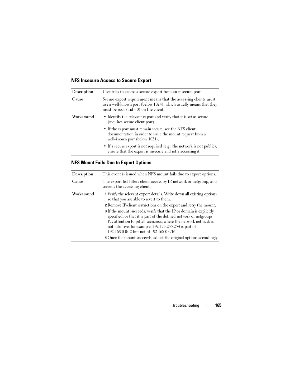 Dell NX3500 manual NFS Insecure Access to Secure Export, NFS Mount Fails Due to Export Options, 165 