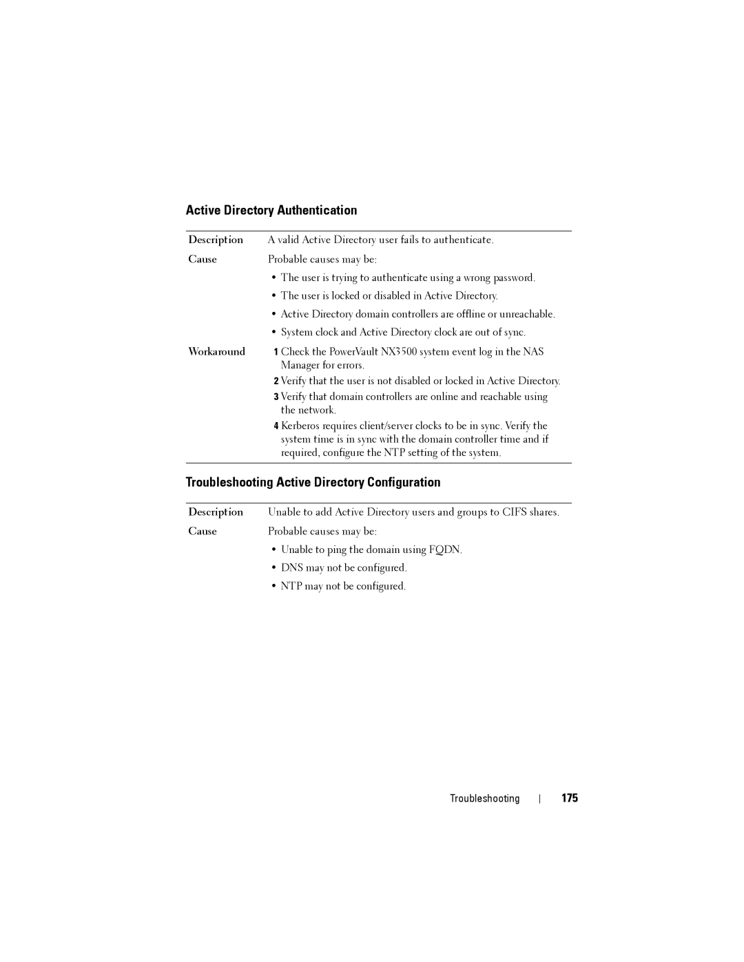 Dell NX3500 manual Active Directory Authentication, Troubleshooting Active Directory Configuration, 175 