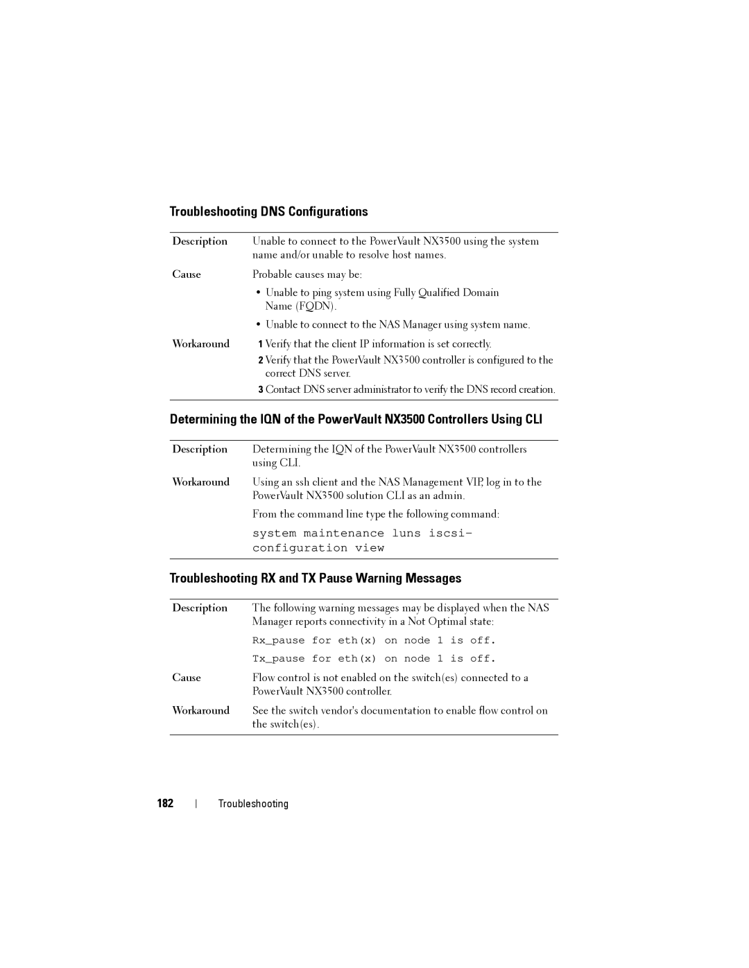 Dell NX3500 manual Troubleshooting DNS Configurations, Troubleshooting RX and TX Pause Warning Messages, 182 