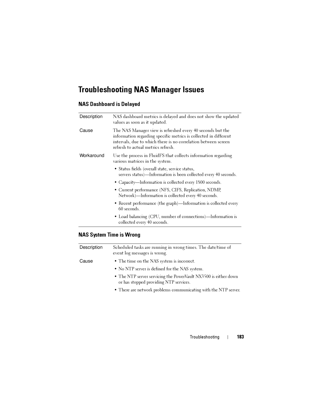 Dell NX3500 manual Troubleshooting NAS Manager Issues, NAS Dashboard is Delayed, NAS System Time is Wrong, 183 