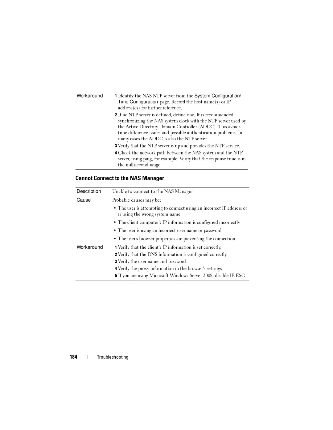 Dell NX3500 manual Cannot Connect to the NAS Manager, 184 