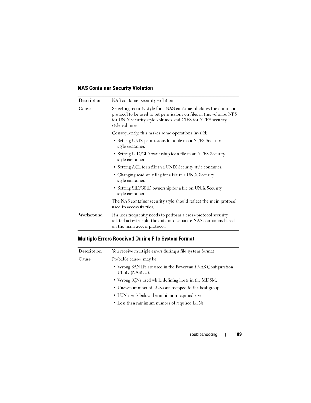 Dell NX3500 manual NAS Container Security Violation, Multiple Errors Received During File System Format, 189 