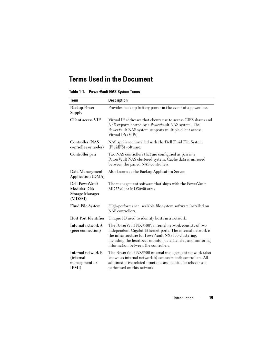 Dell NX3500 manual Terms Used in the Document, PowerVault NAS System Terms Description 