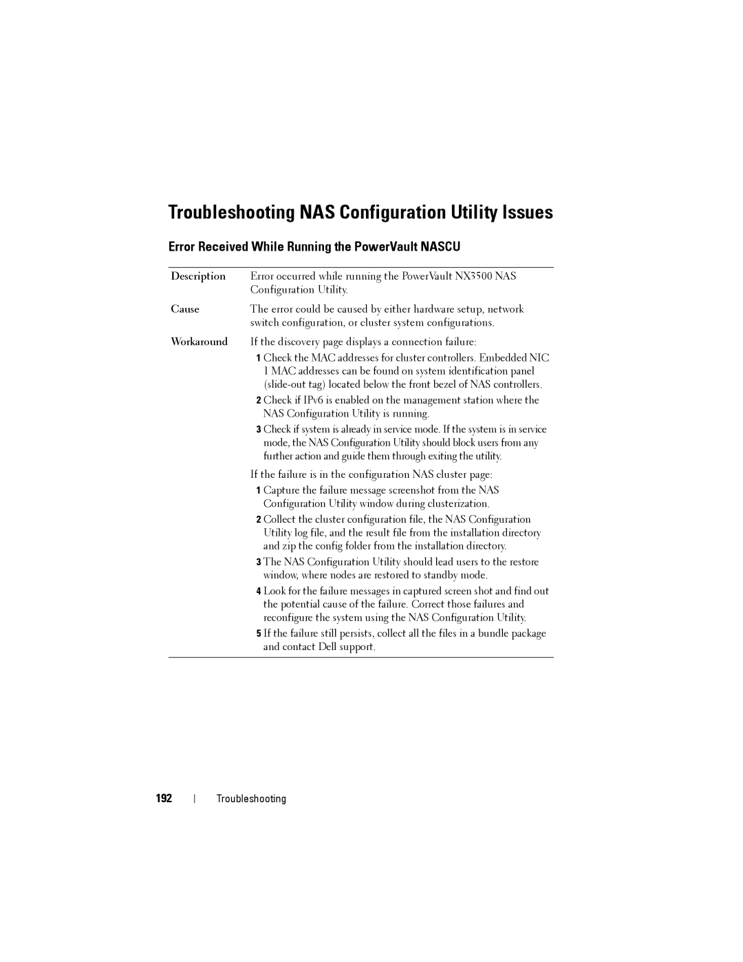 Dell NX3500 manual Troubleshooting NAS Configuration Utility Issues, Error Received While Running the PowerVault Nascu, 192 