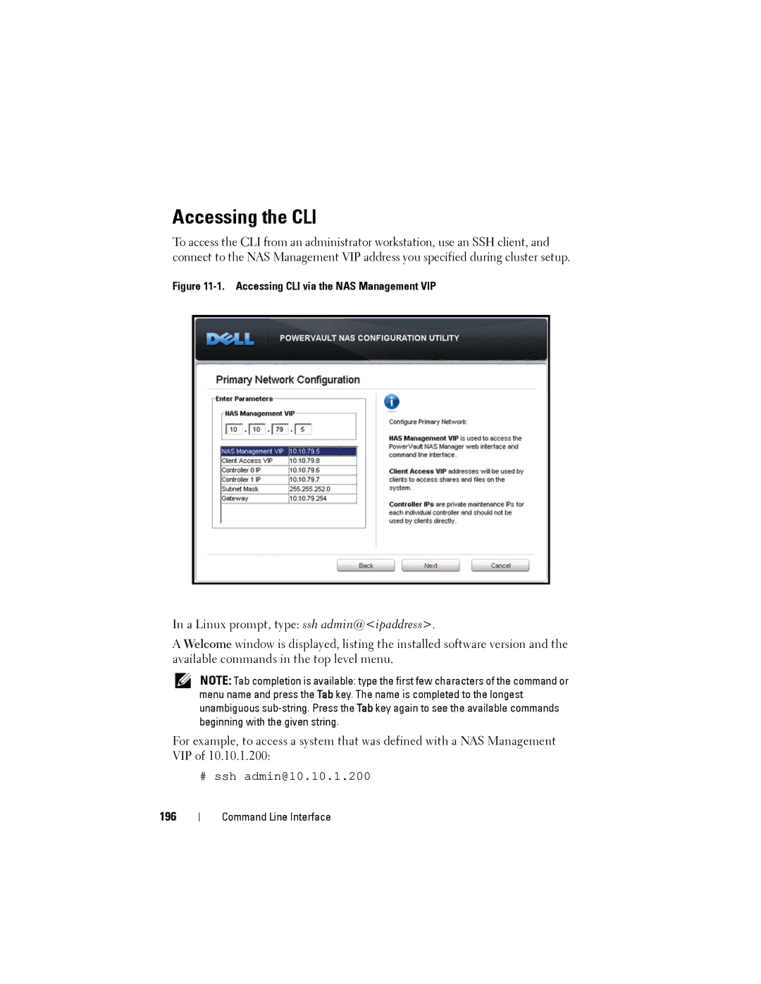 Dell NX3500 manual Accessing the CLI, 196 