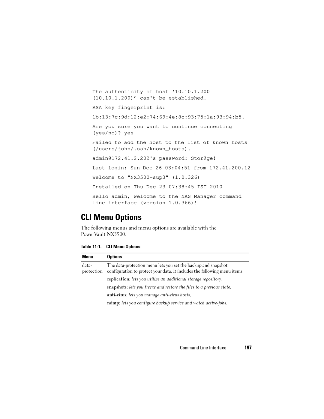 Dell NX3500 manual CLI Menu Options, 197 