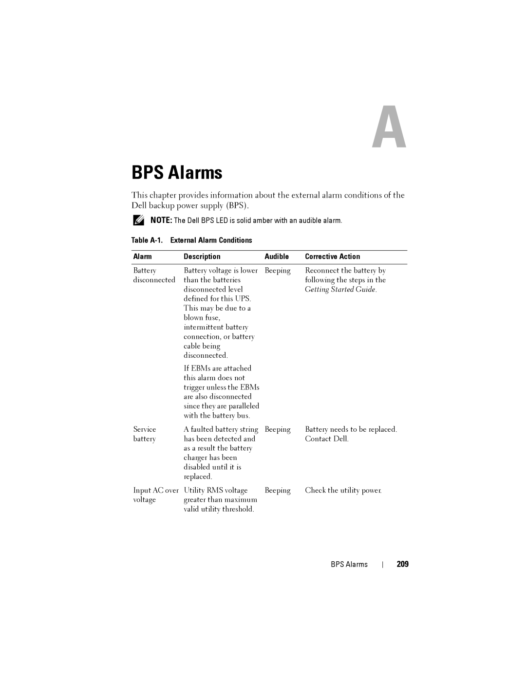 Dell NX3500 manual BPS Alarms, 209 