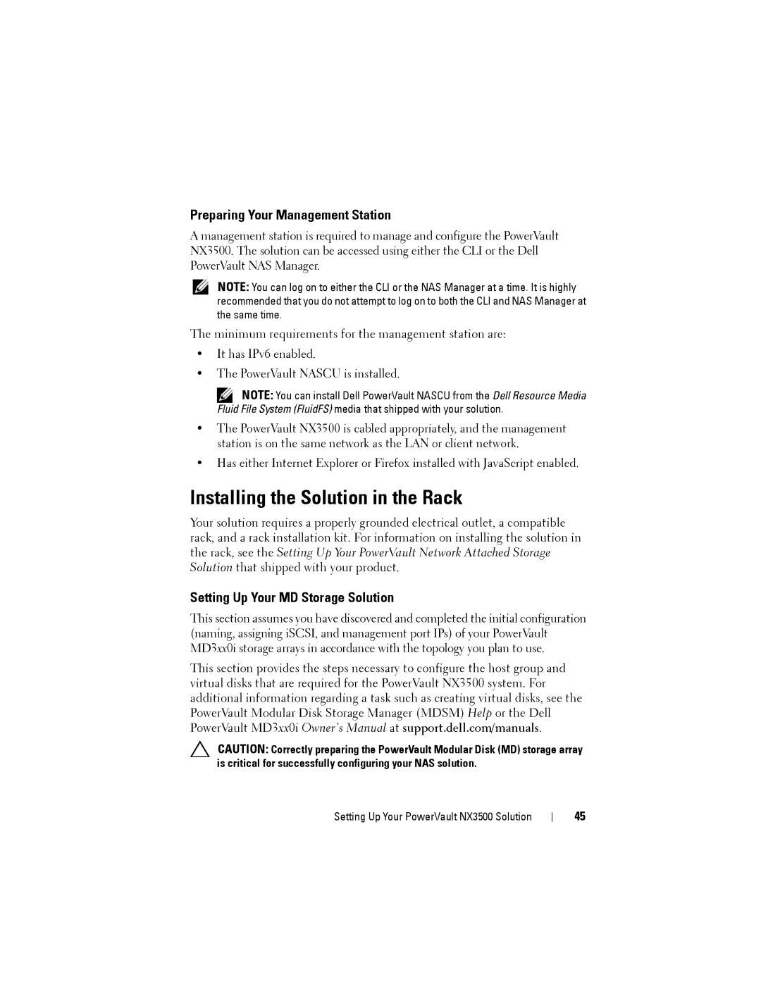 Dell NX3500 Installing the Solution in the Rack, Preparing Your Management Station, Setting Up Your MD Storage Solution 