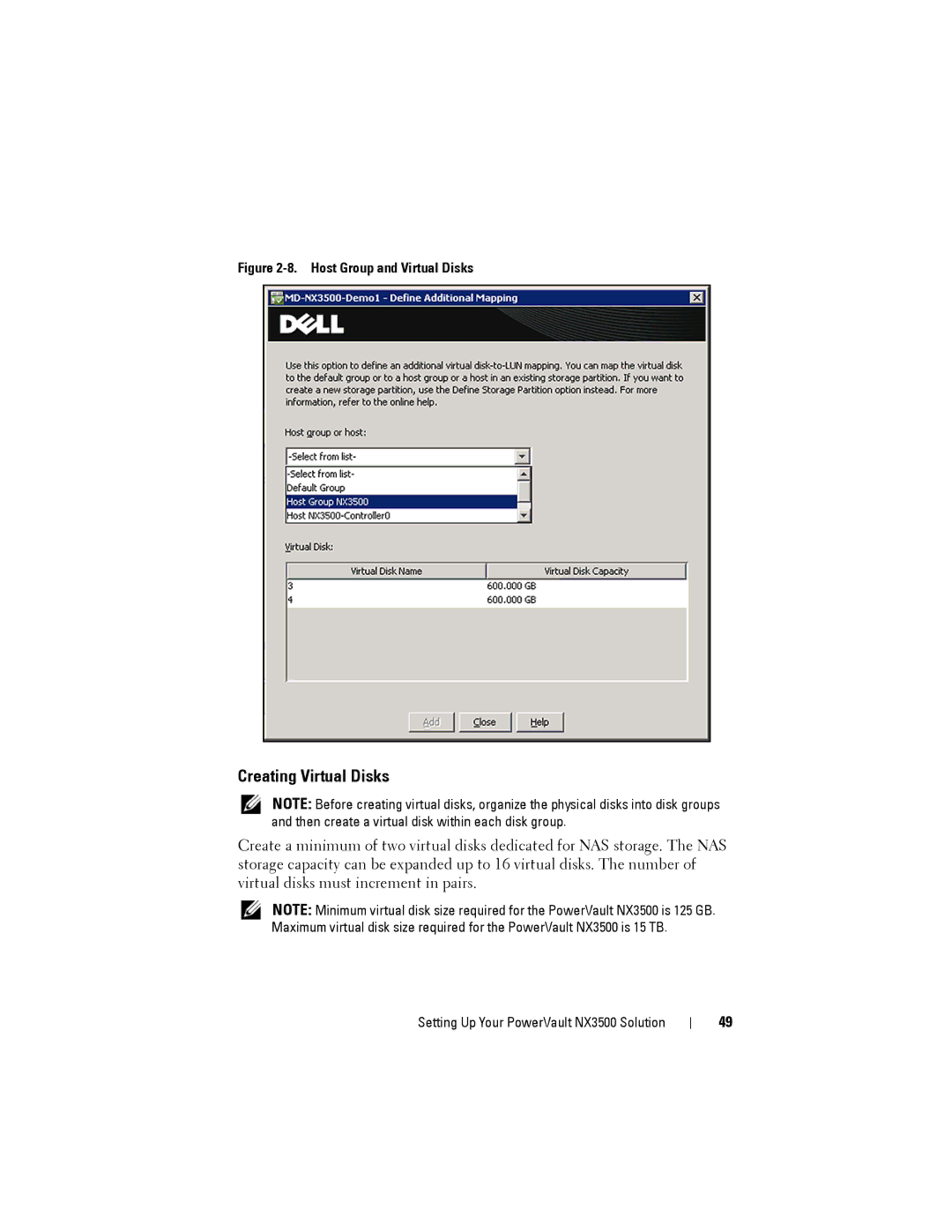 Dell NX3500 manual Creating Virtual Disks, Host Group and Virtual Disks 