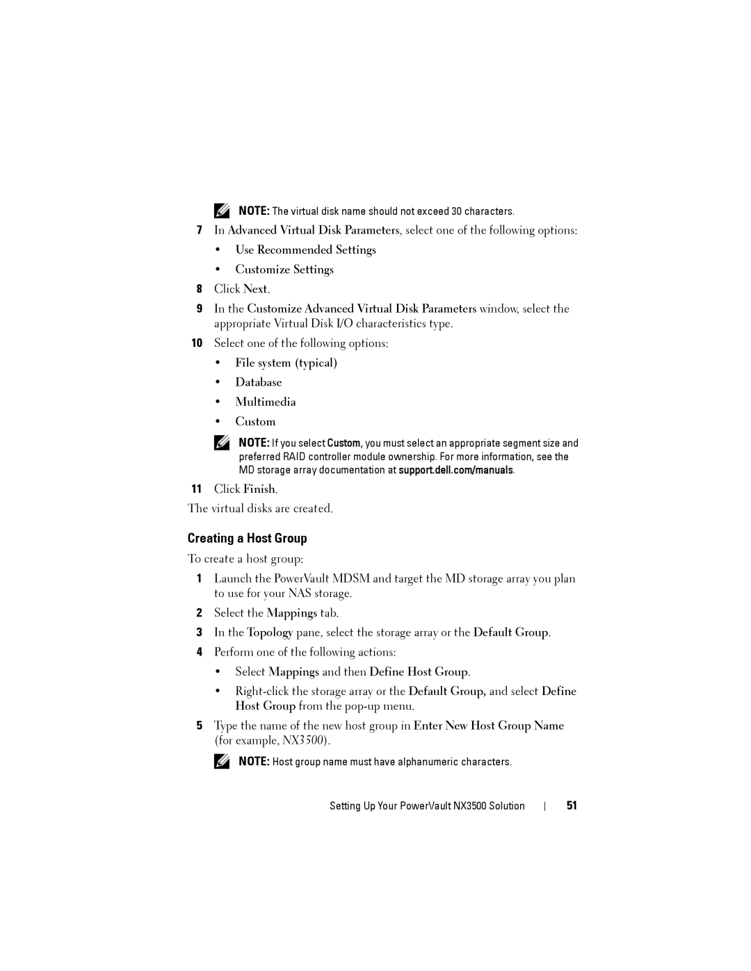 Dell NX3500 Creating a Host Group, Use Recommended Settings Customize Settings, Select Mappings and then Define Host Group 