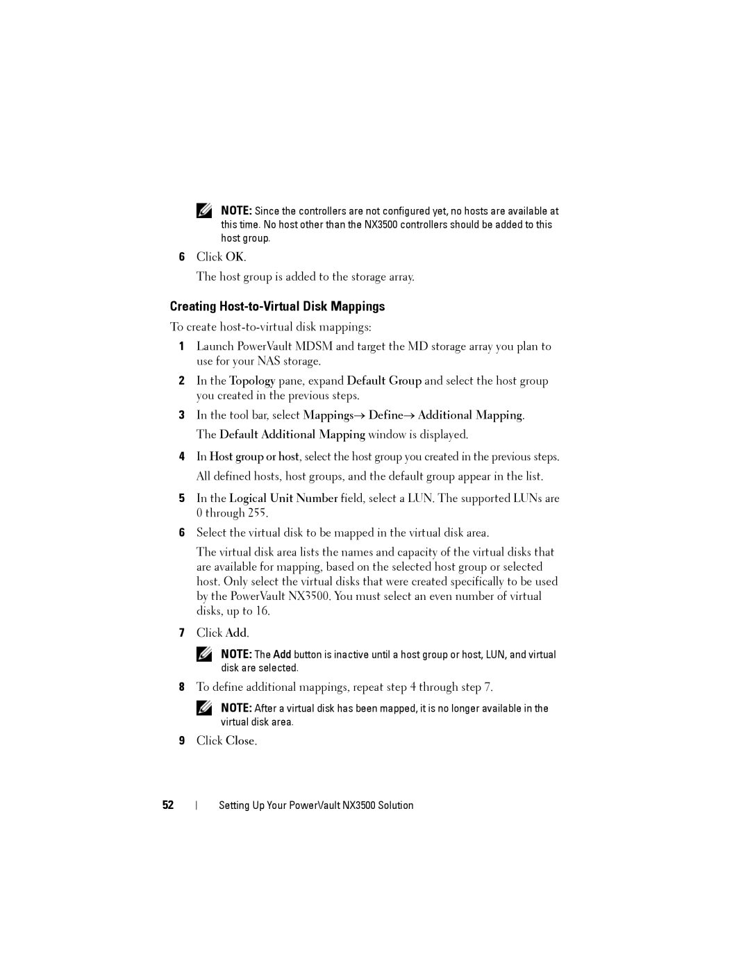 Dell NX3500 manual Creating Host-to-Virtual Disk Mappings 