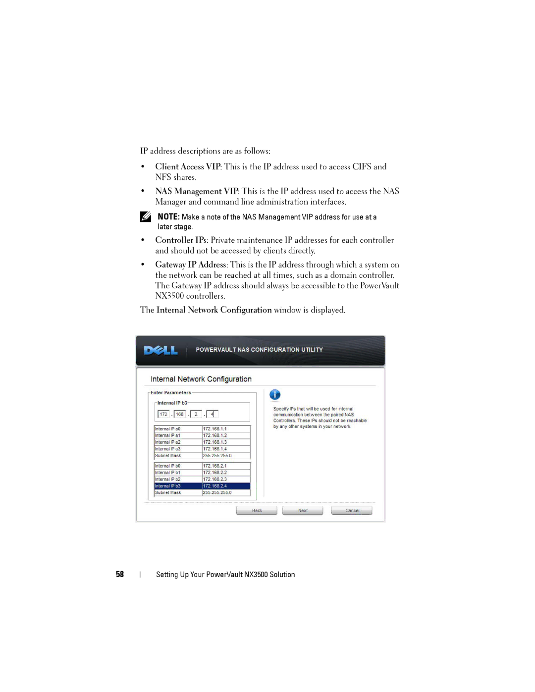 Dell NX3500 manual Internal Network Configuration window is displayed 