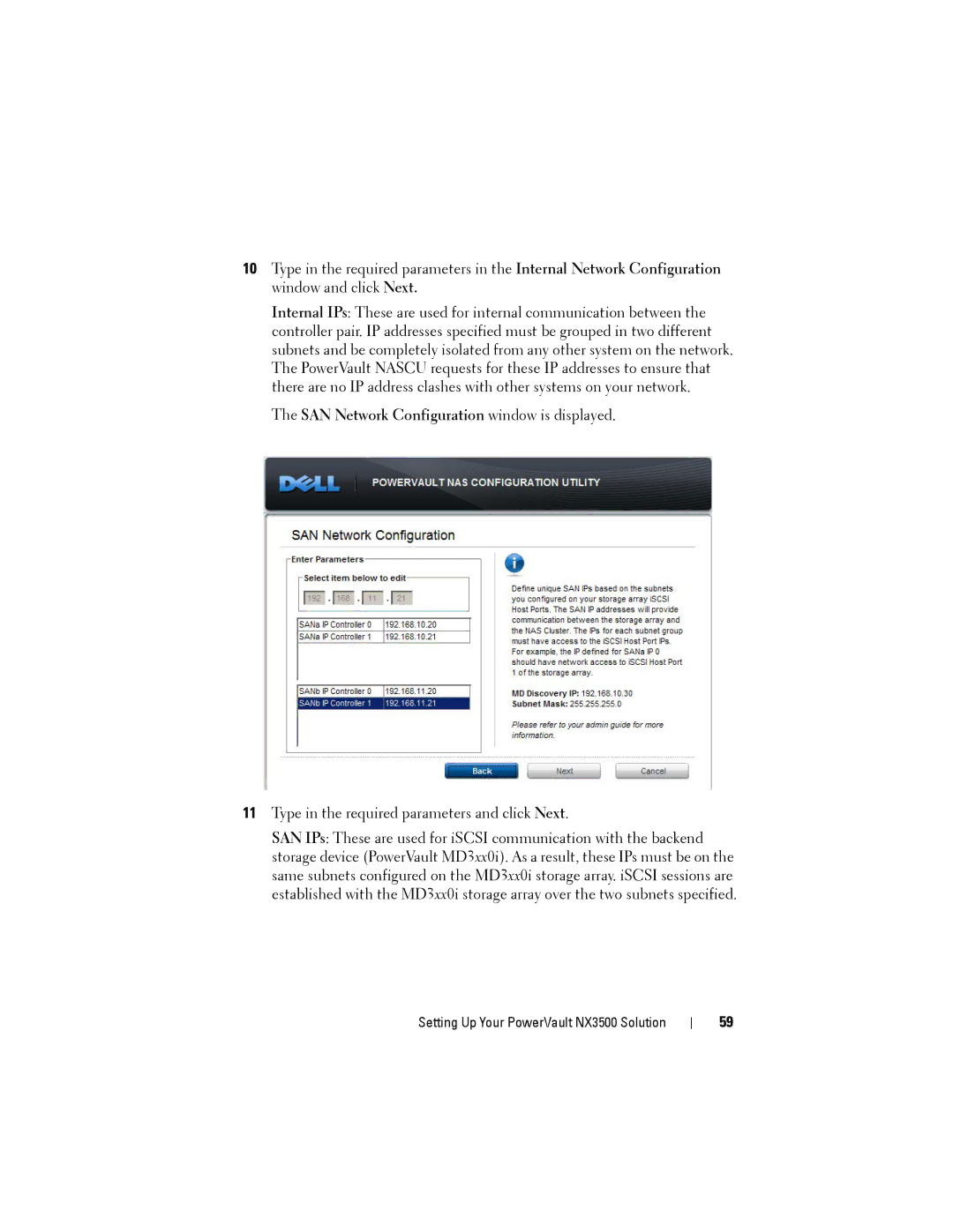 Dell NX3500 manual SAN Network Configuration window is displayed 