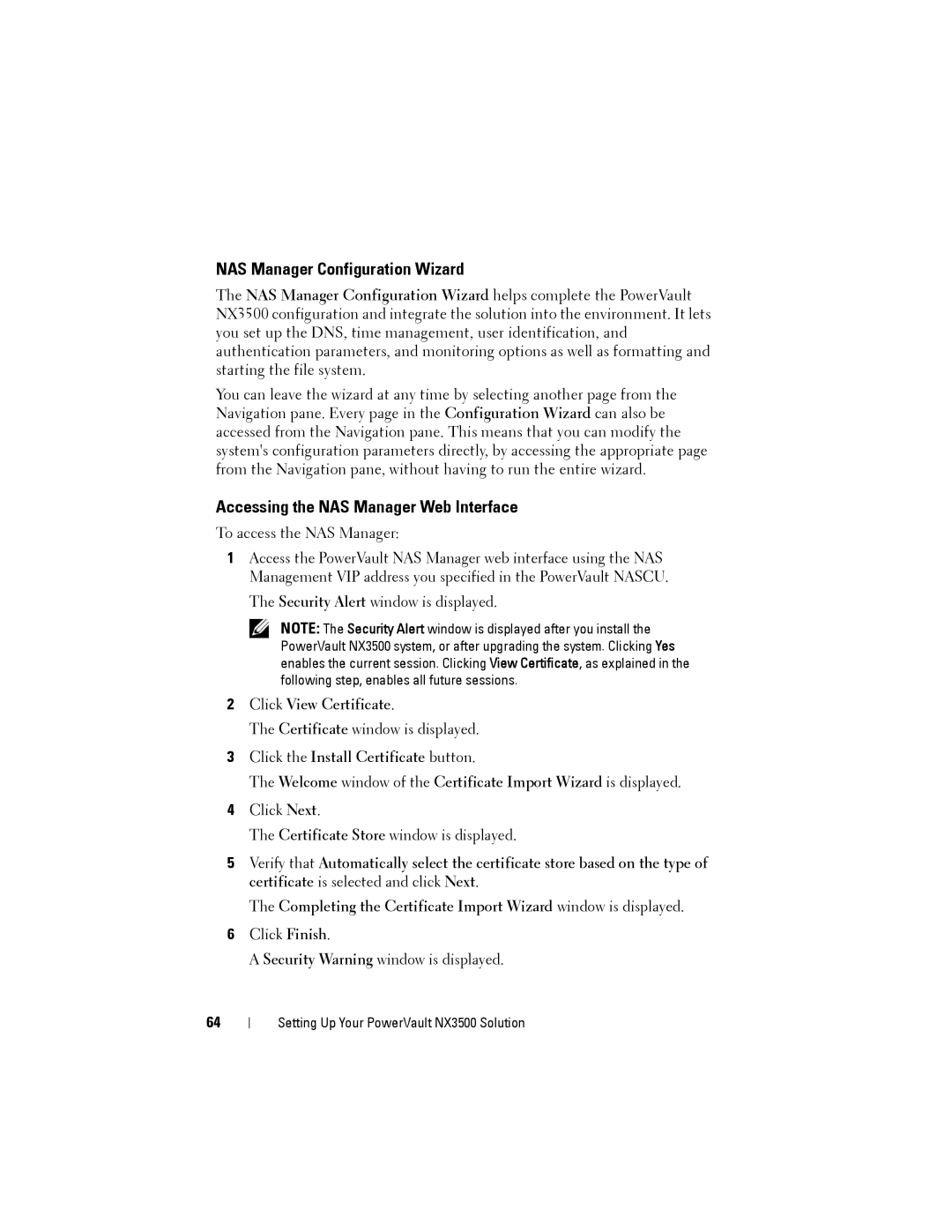 Dell NX3500 manual NAS Manager Configuration Wizard, Accessing the NAS Manager Web Interface, Click View Certificate 