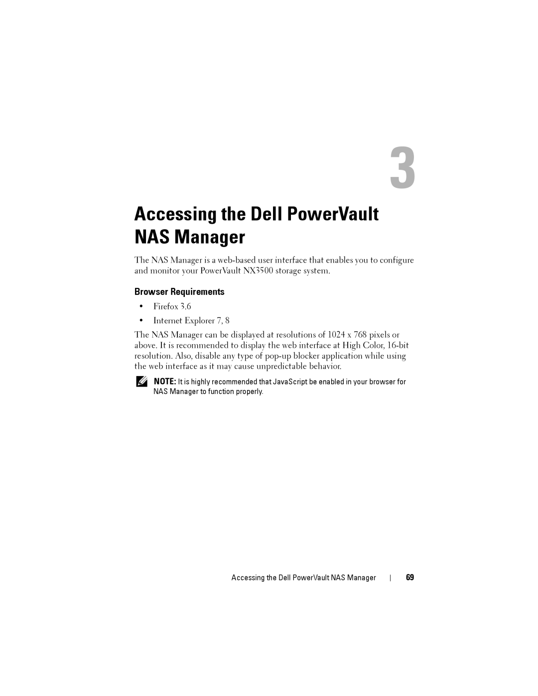 Dell NX3500 manual Accessing the Dell PowerVault NAS Manager, Browser Requirements 