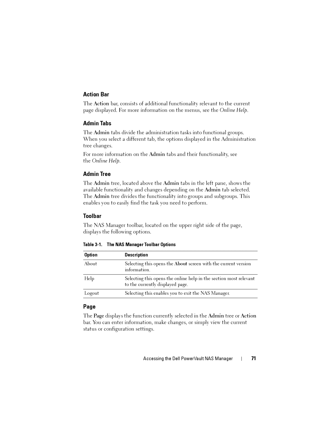 Dell NX3500 manual Action Bar, Admin Tabs, Admin Tree, NAS Manager Toolbar Options Description 