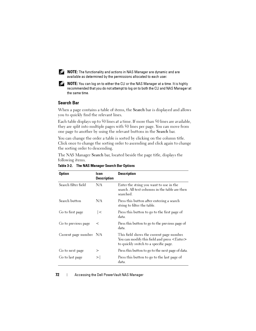 Dell NX3500 manual NAS Manager Search Bar Options Icon Description 