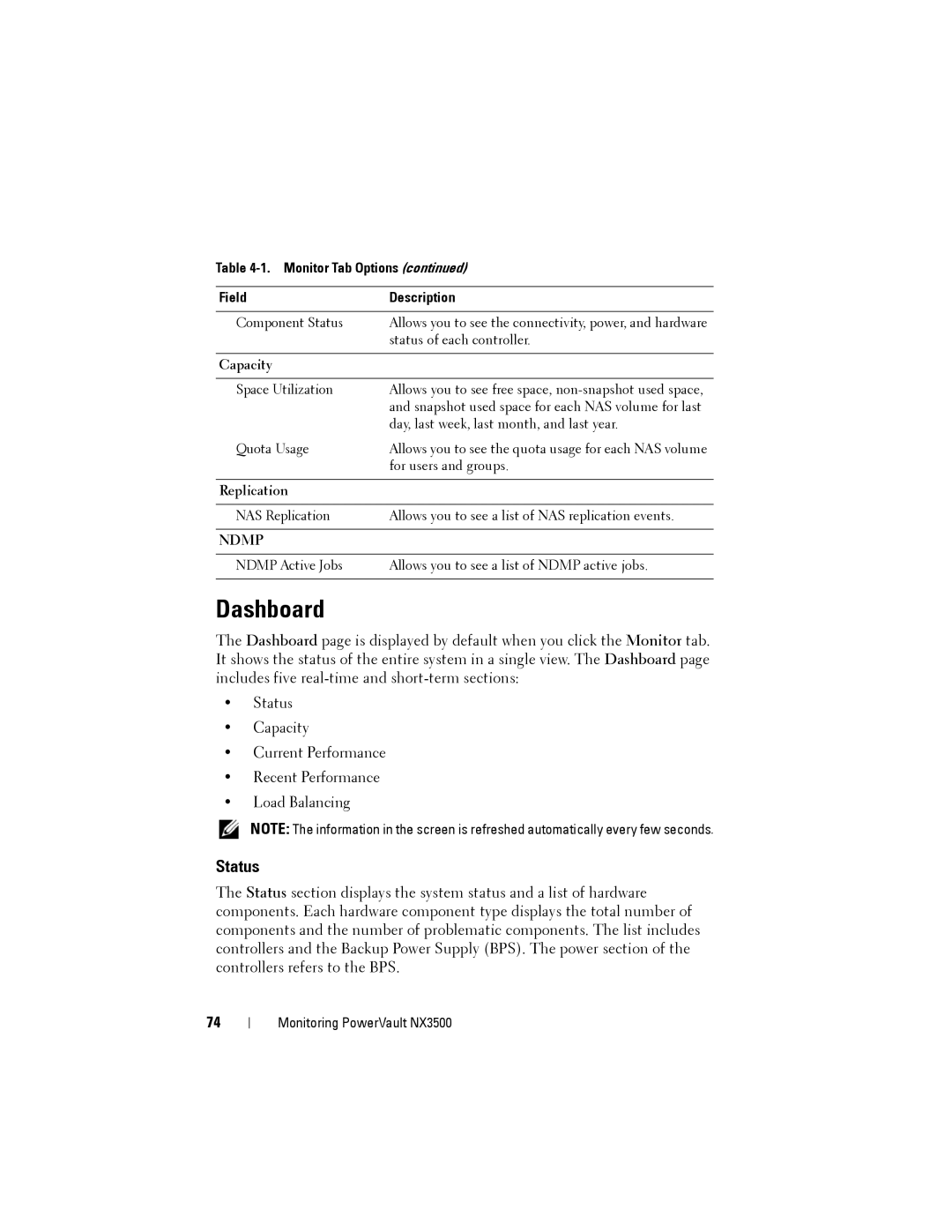 Dell NX3500 manual Dashboard, Status 