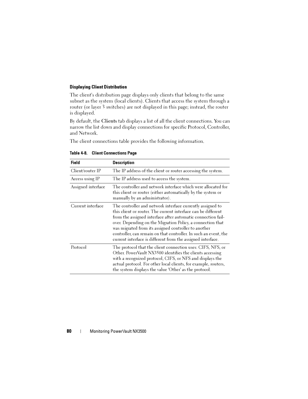 Dell NX3500 manual Displaying Client Distribution, Client Connections Field Description 