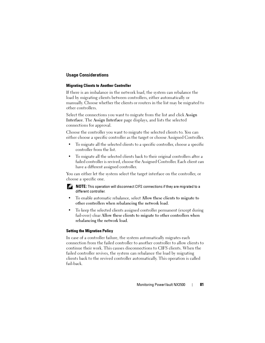 Dell NX3500 manual Usage Considerations, Migrating Clients to Another Controller, Setting the Migration Policy 