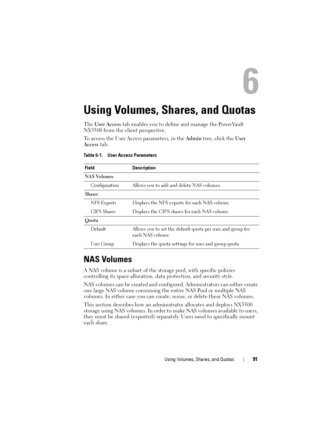 Dell NX3500 manual NAS Volumes, User Access Parameters Field Description 