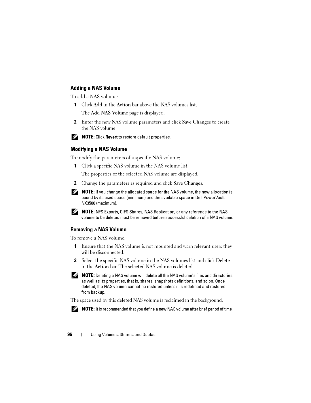 Dell NX3500 manual Adding a NAS Volume, Modifying a NAS Volume, Removing a NAS Volume 