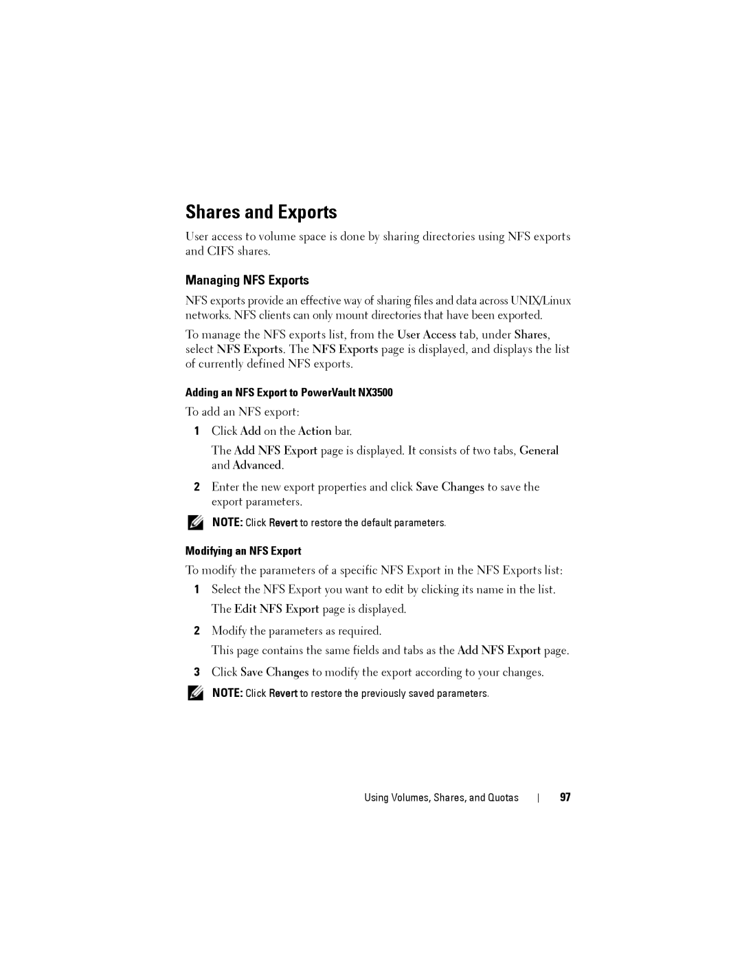 Dell manual Shares and Exports, Managing NFS Exports, Adding an NFS Export to PowerVault NX3500, Modifying an NFS Export 