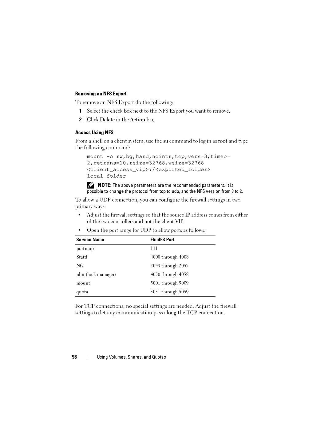 Dell NX3500 manual Removing an NFS Export, Access Using NFS, Service Name FluidFS Port 