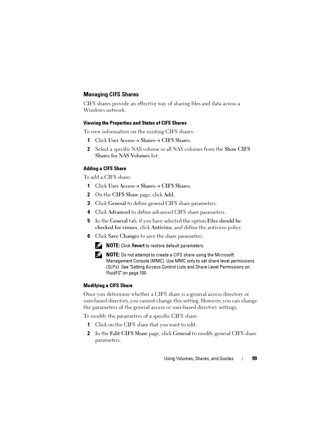 Dell NX3500 Managing Cifs Shares, Viewing the Properties and Status of Cifs Shares, Click User Access→ Shares→ Cifs Shares 