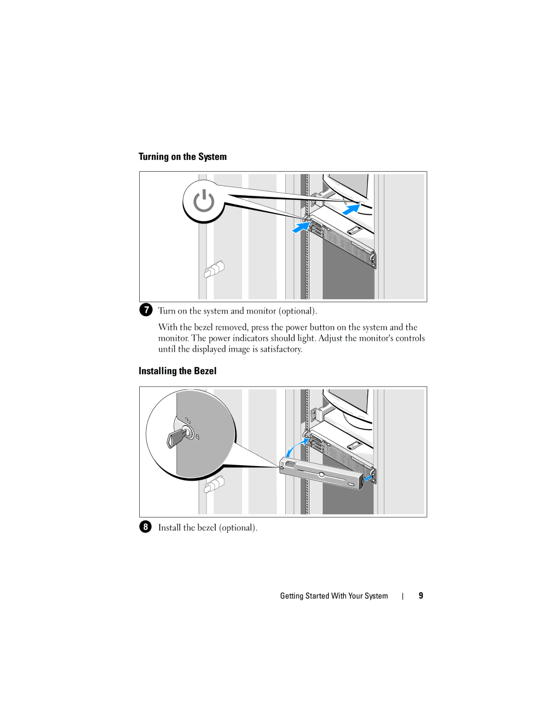 Dell R805 System, NX702 manual Turning on the System, Installing the Bezel 