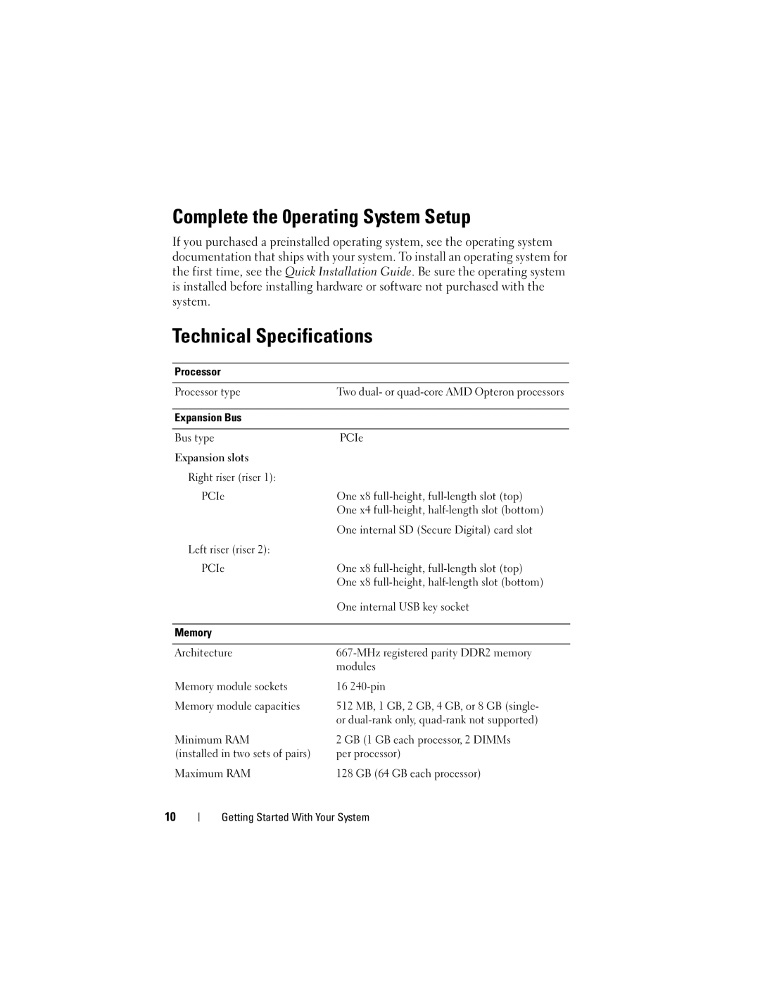 Dell NX702, R805 System manual Complete the 0perating System Setup, Technical Specifications 