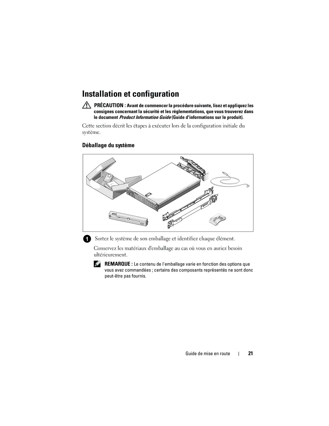 Dell R805 System, NX702 manual Installation et configuration, Déballage du système 