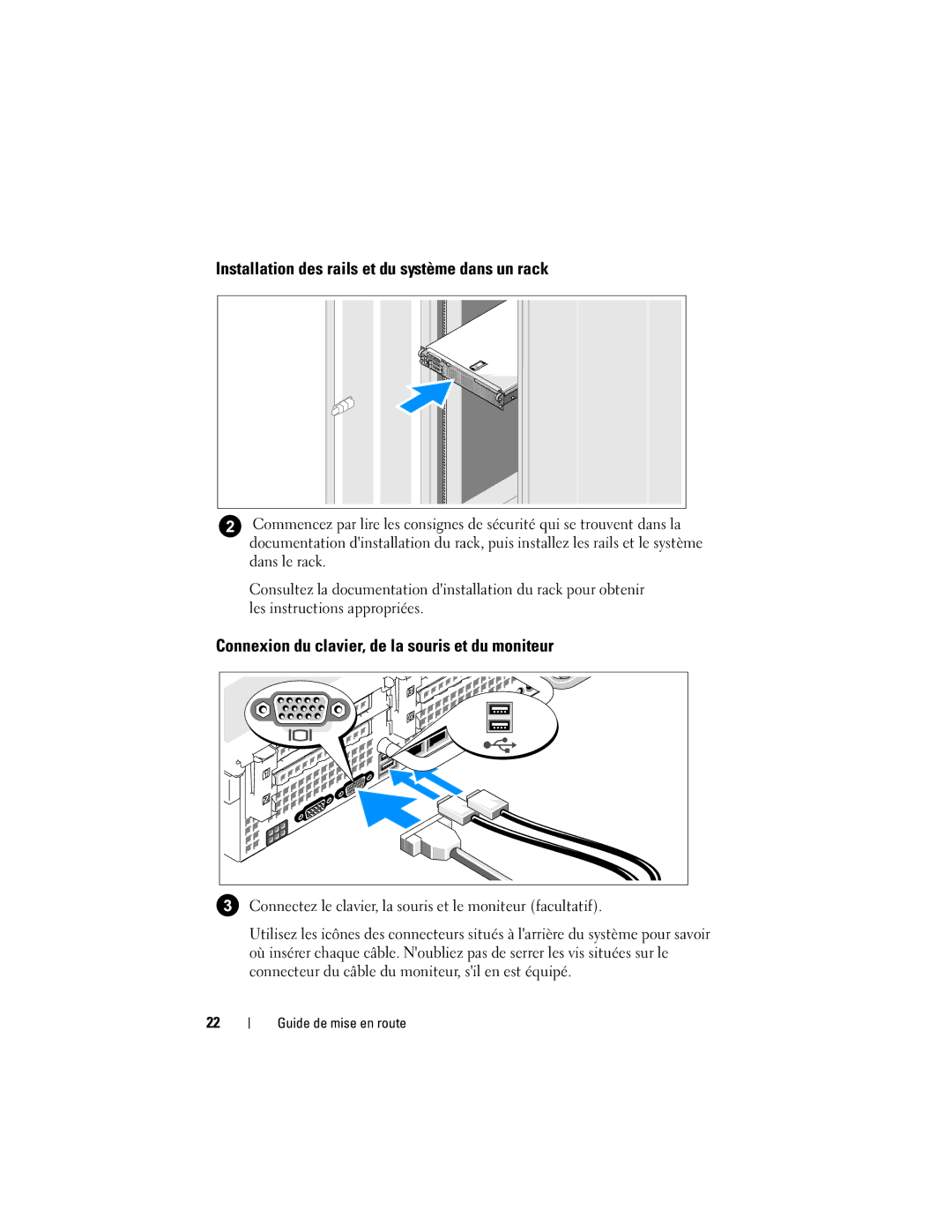 Dell NX702 manual Installation des rails et du système dans un rack, Connexion du clavier, de la souris et du moniteur 