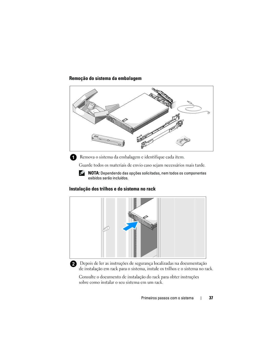 Dell R805 System, NX702 manual Remoção do sistema da embalagem, Instalação dos trilhos e do sistema no rack 