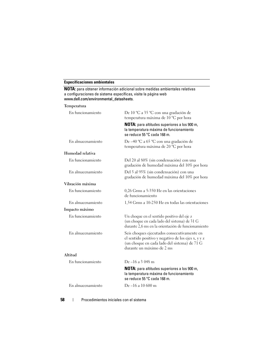 Dell NX702, R805 System manual Especificaciones ambientales Temperatura 