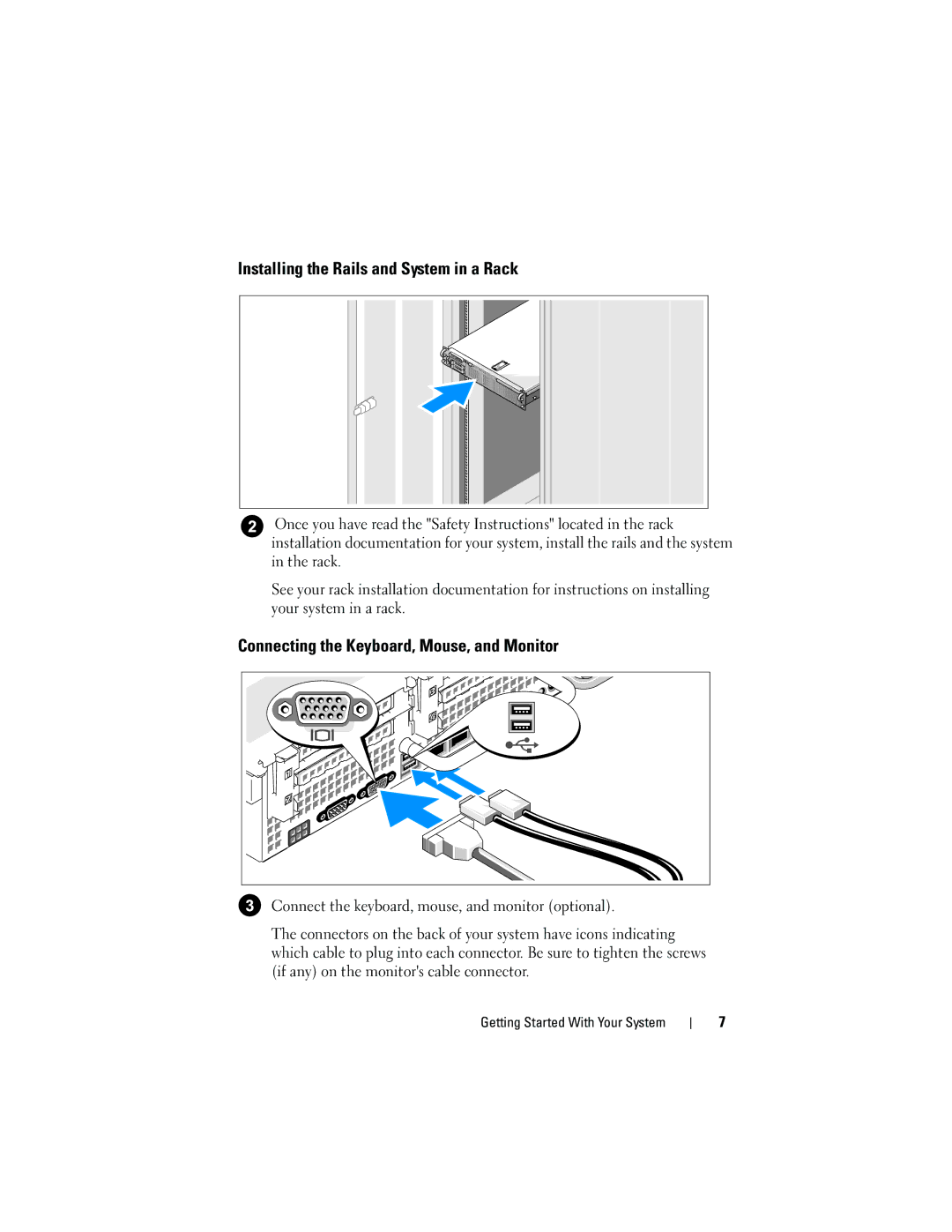 Dell R805 System, NX702 manual Installing the Rails and System in a Rack, Connecting the Keyboard, Mouse, and Monitor 