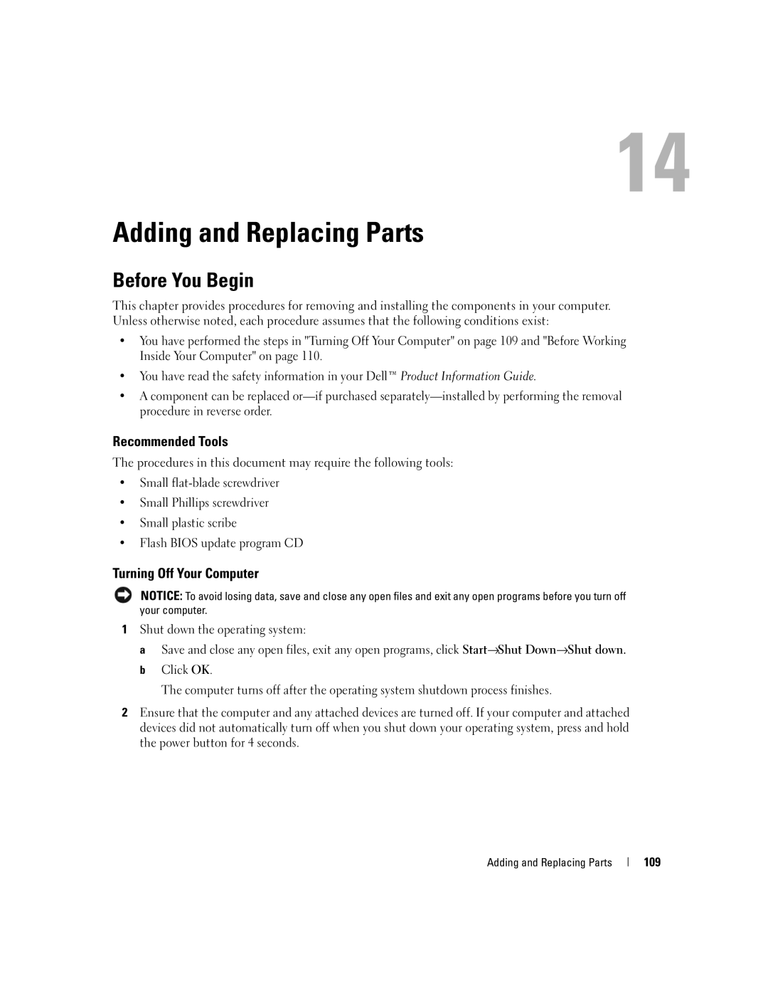 Dell NY105 manual Adding and Replacing Parts, Before You Begin, Recommended Tools, Turning Off Your Computer 