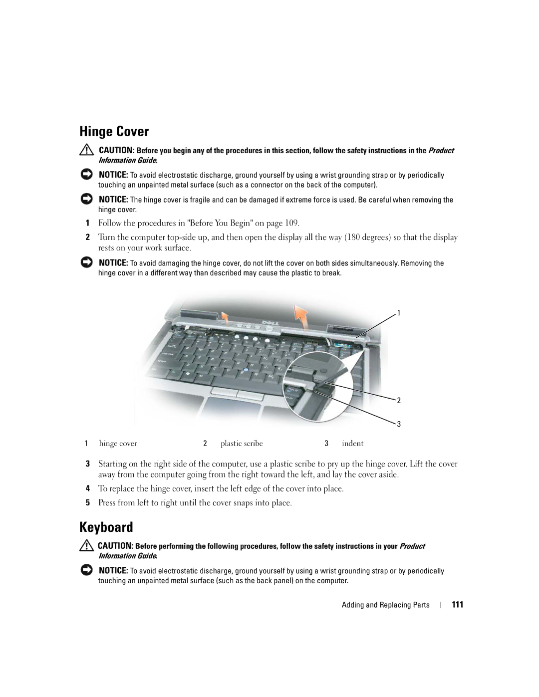 Dell NY105 manual Hinge Cover, Keyboard, 111, Hinge cover Plastic scribe 