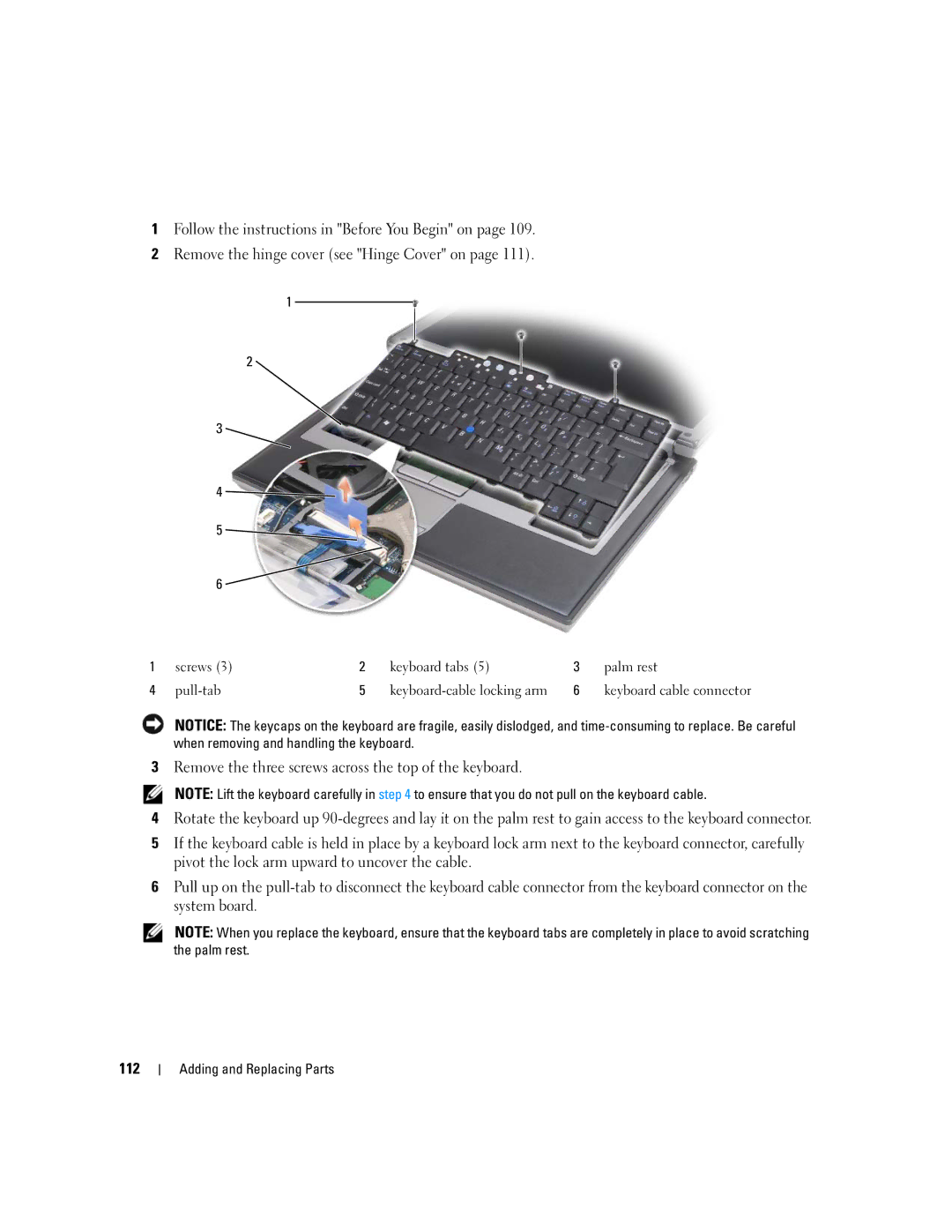 Dell NY105 manual Screws Keyboard tabs Palm rest Pull-tab 