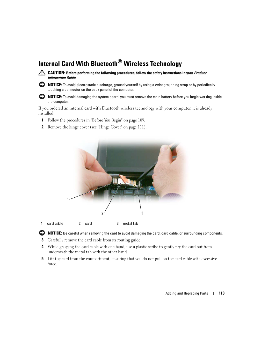 Dell NY105 manual Internal Card With Bluetooth Wireless Technology, 113, Card cable Metal tab 