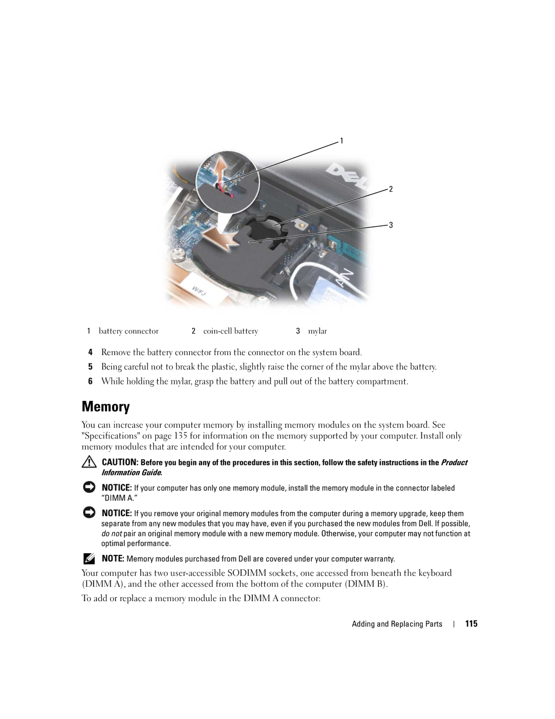 Dell NY105 manual Memory, 115, Battery connector Coin-cell battery Mylar 
