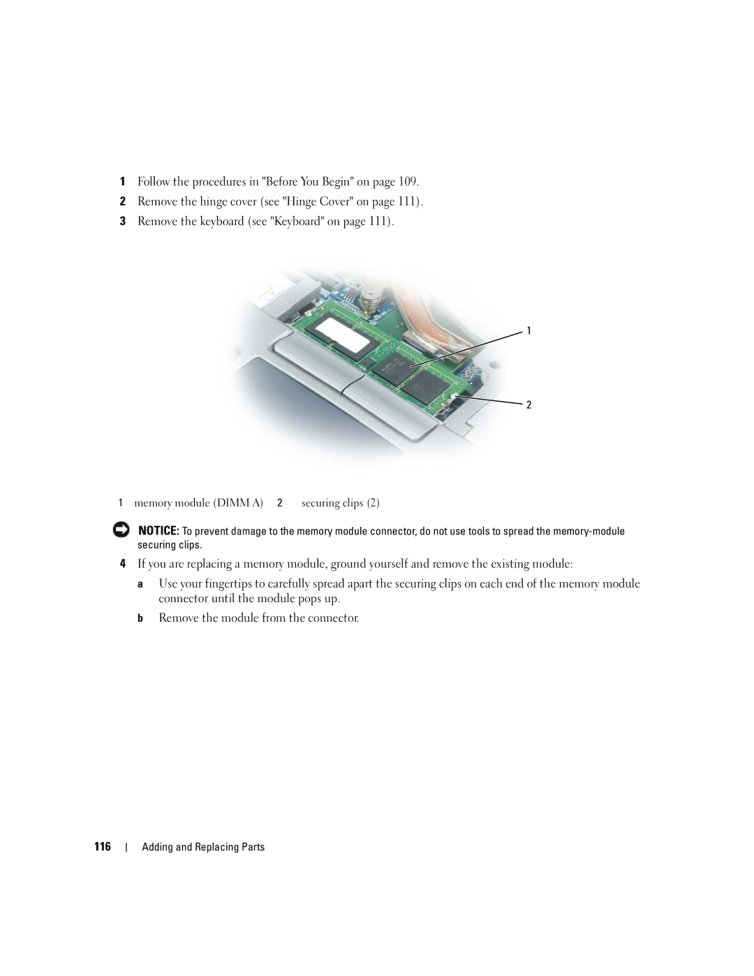 Dell NY105 manual Memory module Dimm a 2 securing clips 