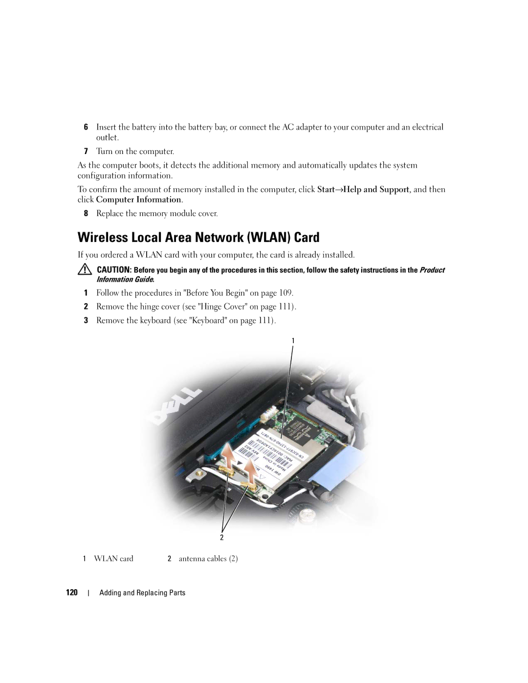 Dell NY105 manual Wireless Local Area Network Wlan Card, 120, Wlan card 